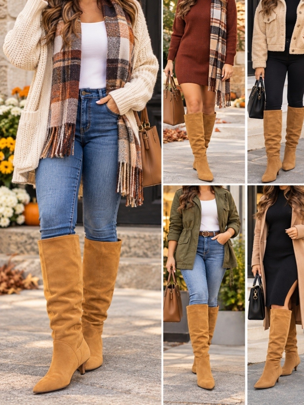 Tan Suede Knee-High Heeled Boots - Women